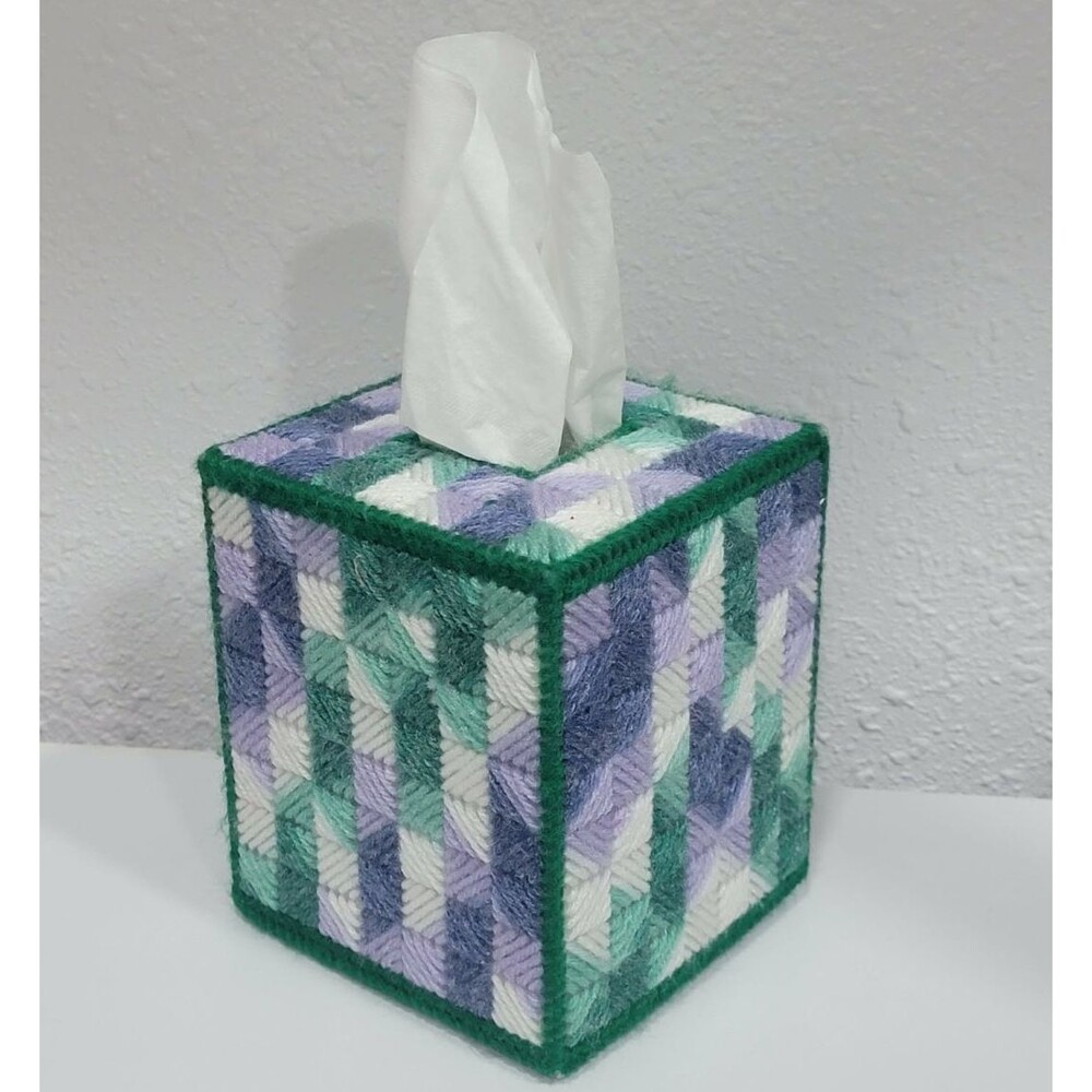 Vintage Handmade Geometric Square Plastic Canvas Knit Tissue Box Holder Cover